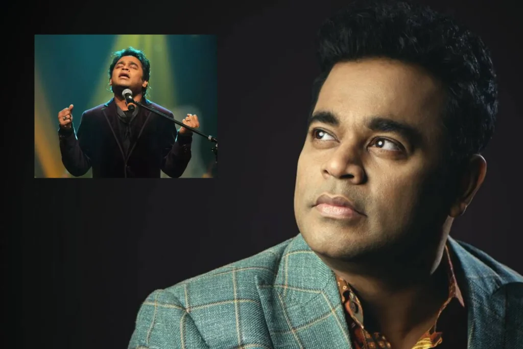 A.R. Rahman smiling, holding a musical note symbolizing his new tune 'Musk', with musical instruments in the background