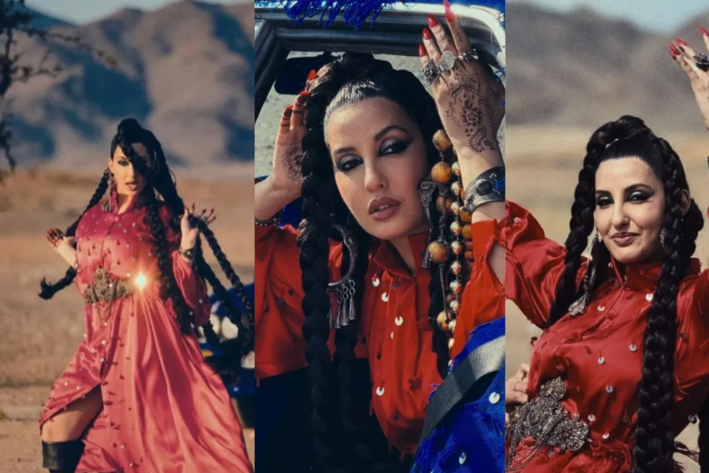 Nora Fatehi performing dynamic choreography in the vibrant music video for her new international song "NORA," blending Indian and Moroccan dance styles.